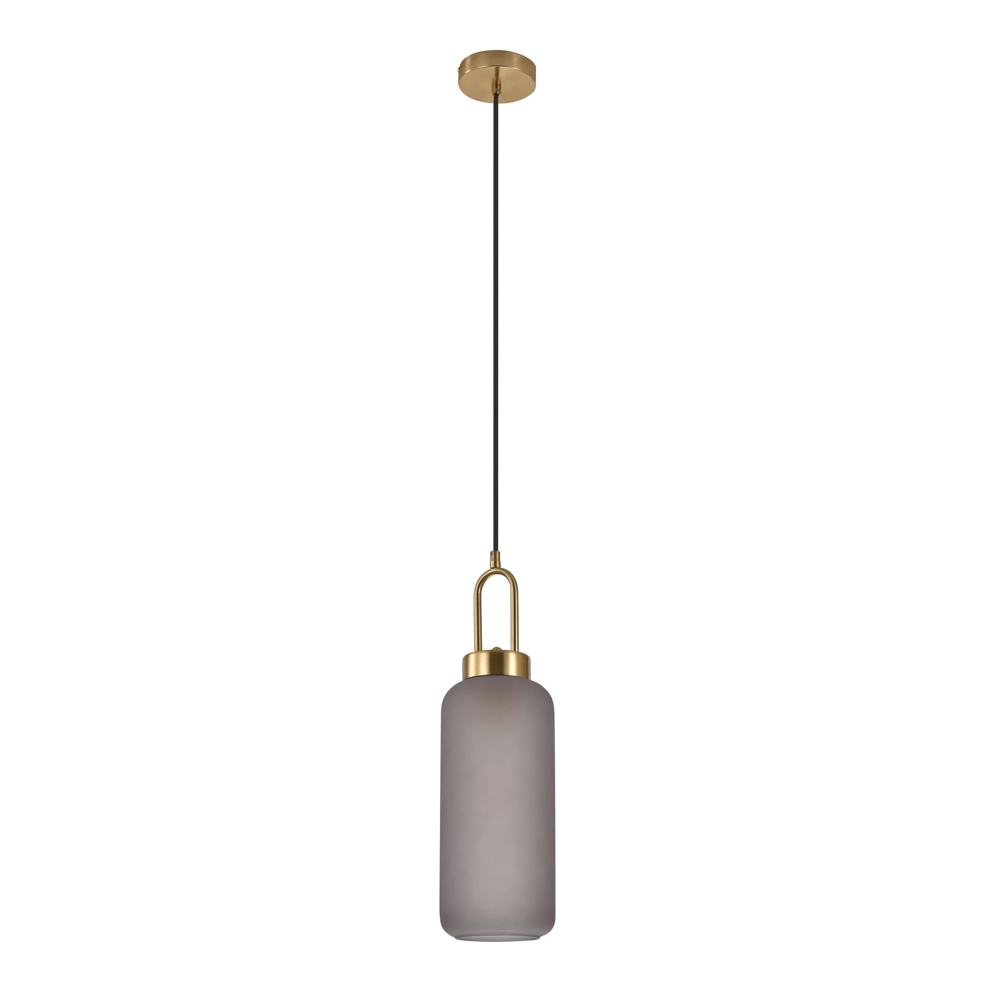 Elegant cylinderformet loftlampe i mat smokey glas og messing
