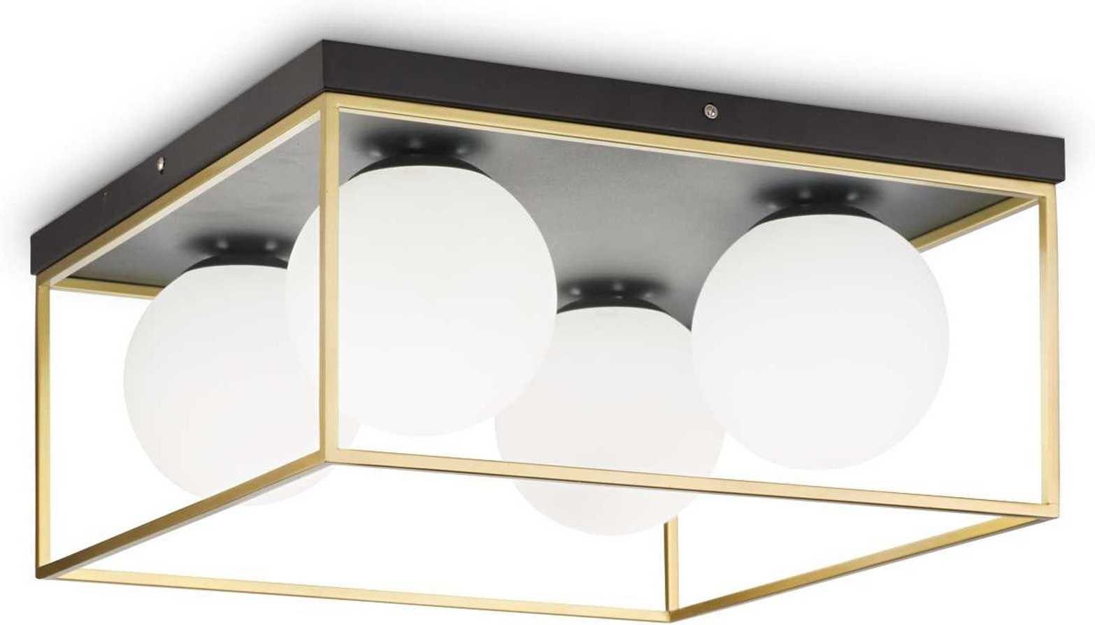 4-armet loftslampe Ideal Lux Lingotto matsort/mat messing med fire hvide glasdiffusorer 45,5x45,5x21,5 cm